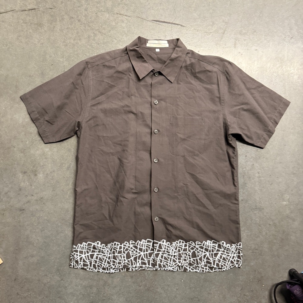 Perry Ellis Mens Large Brown Short Sleeve Button Up Shirt Abstract Hem Cotton